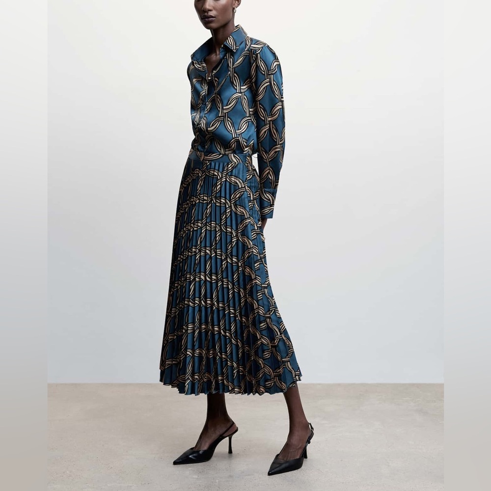 Mango | Geometric Print Blouse & Pleated Skirt